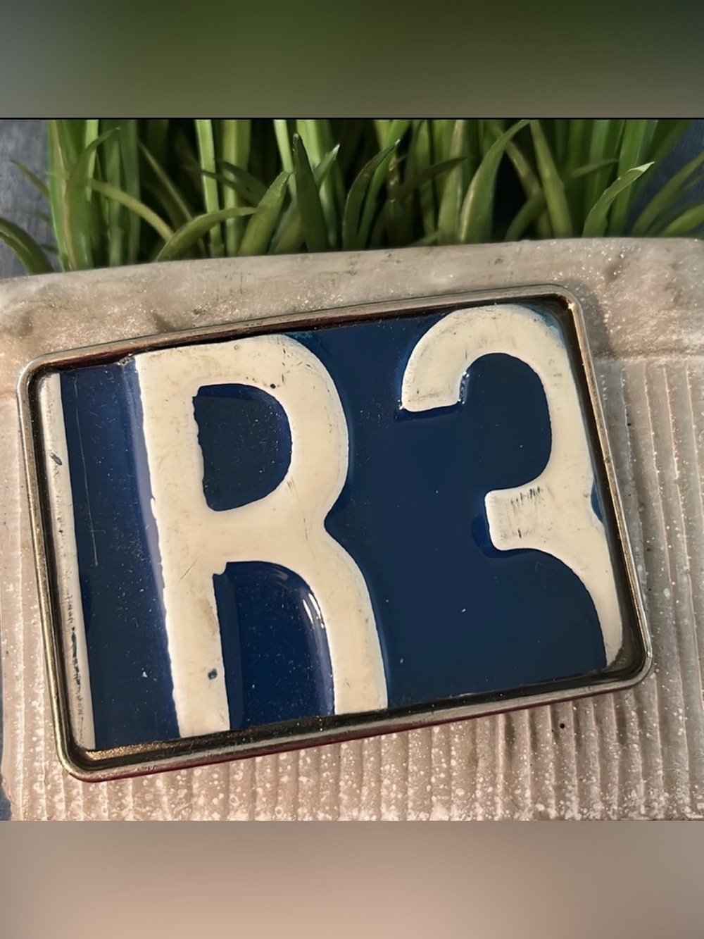 License plate belt buckle NEW artisan made blue white buckle R3 one of a kind